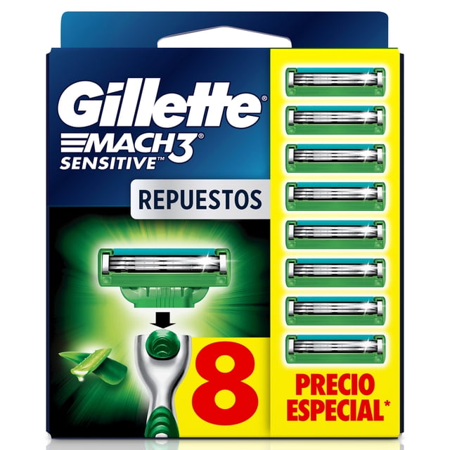 Rastrillo Gillette Mach3 Sensitive 8 Repuestos con Aloe, Piel Sensible