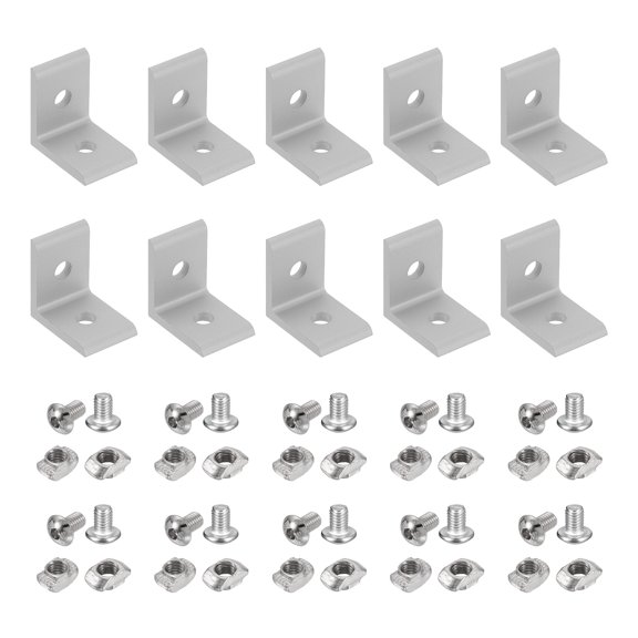 Uxcell 10Pcs Soporte de esquina interior de 2 agujeros, conector en L para perfil de extrusión de aluminio 2020B ranura T de 6.2mm con tuercas y tornillos para muebles, estructuras de enmarcado, plata