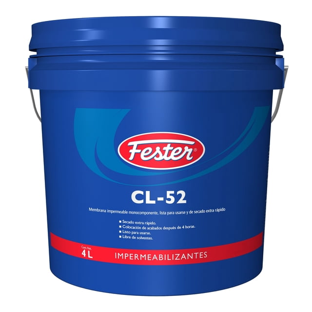 membrana impermeable monocomponente lista para usarse y de secado extra rápido fester cl-52 4 l bote azul frontal con logo Fester y texto CL-52, envase plástico de 4 L con tapa y asa; rótulo indica secado extra rápido, colocación de acabados después de 4 horas, listo para usarse y libre de solventes; suele usarse para impermeabilizar superficies exteriores.