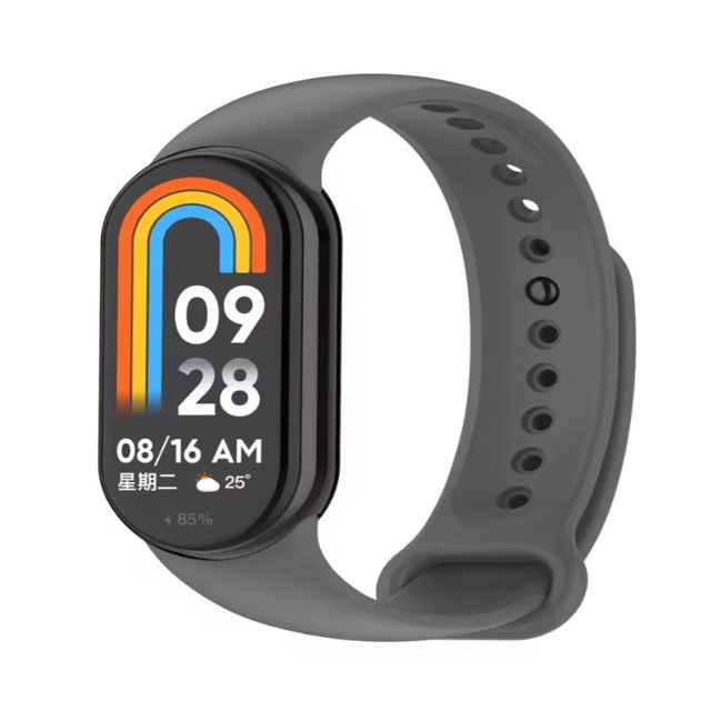 correa de silicona para xiaomi mi band 8, premium, deportiva, resistente al agua Gris Oscuro — 3/4 frontal de Mi Band 8 con correa deportiva de silicona gris oscuro, talla única 23 cm, cierre de pasador y orificios ajustables, textura lisa mate y diseño unisex para uso diario y actividad física; también suele usarse como reemplazo rápido al viajar.