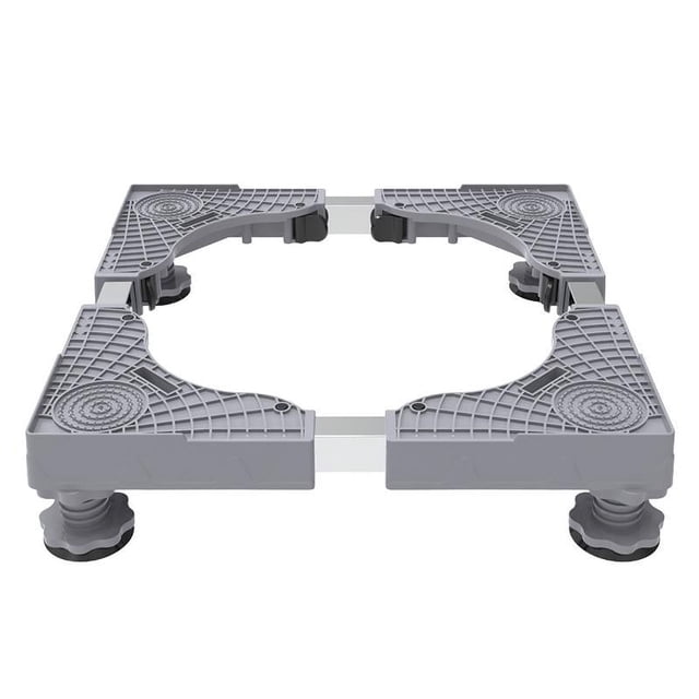 base ajustable para lavadora, soporte para secadora de ropa, práctico soporte para nevera con reducción de ruido para congeladores y refrigeradores gris Vista 3/4 frontal de una base modular gris en polipropileno con cuatro esquinas unidas por barras telescópicas; patas regulables con almohadillas antideslizantes y topes para reducción de ruido, superficie con patrón de rejilla para agarre. Ajustable de 40x40x7 cm a 60x60x9 cm, apta para lavadoras, secadoras y refrigeradores; incluye bloqueo de hebilla para mover y fijar el soporte.