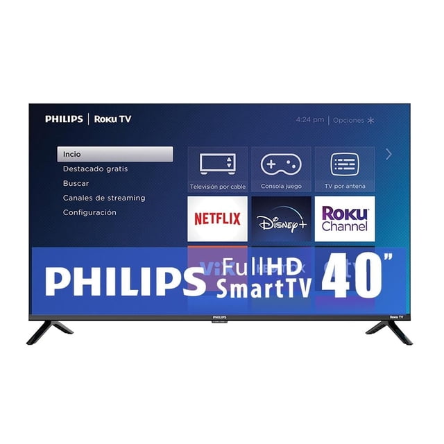 tv philips 40 pulgadas full hd smart tv led 40pfl6654/f8 pantalla LED negra de 40" con interfaz Roku visible, vista frontal centrada, soportes en V, mosaico de apps (Netflix, Disney+, Roku Channel) y barra Philips Full HD; diseño delgado y marcos estrechos.