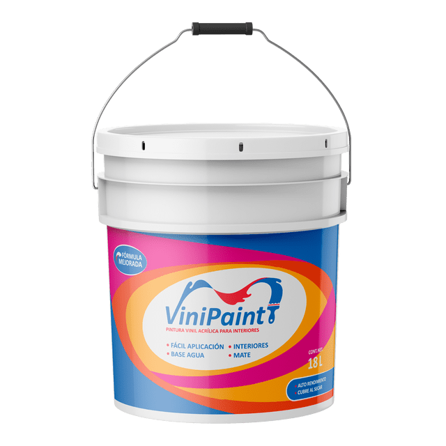 pintura vinílica interiores vinipaint 18 litros blanca Cubeta de 18 L con etiqueta ViniPaint en tonos azul y fucsia; pintura vinil-acrílica mate para interiores, base agua, buena adherencia y lavabilidad hasta 10 ciclos, aplicación con brocha o rodillo, rendimiento aproximado 4–5 m²/L; adecuada también para retoques y manualidades interiores.