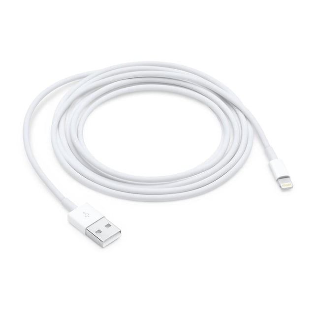 cable apple lightning a usb 2m Blanco, vista centrada en espiral con conector Lightning y conector USB-A visibles, cubierta plástica lisa y longitud de 2 m según especificaciones; usado para carga de dispositivos Apple y a menudo usado también para conectar accesorios portátiles en viaje.