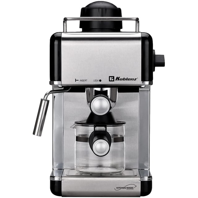 cafetera 4 tazas, color negro, c/acero inox marca koblenz koblenz ckm-650/ ein — vista frontal de la cafetera compacta en negro con panel de acero inoxidable; porta-filtro central y jarra de vidrio para 4 tazas en la base, boquilla vaporizadora lateral, perillas circulares frontales, logo Koblenz y indicador LED; sistema de espuma para cappuccino; también adecuada para espumar leche para bebidas calientes.