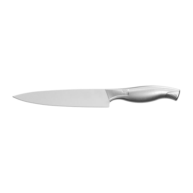 cuchillo para cocina utility tramontina sublime 6 pulgadas, vista frontal centrada de 6" con hoja y mango en acero inoxidable y acabado Scotch Brite; hoja con tratamiento térmico y mango ergonómico con zona texturada en la cola y logo Tramontina visible sobre fondo blanco; apto para lavavajillas y certificado NSF, también adecuado para filetear y preparar verduras.