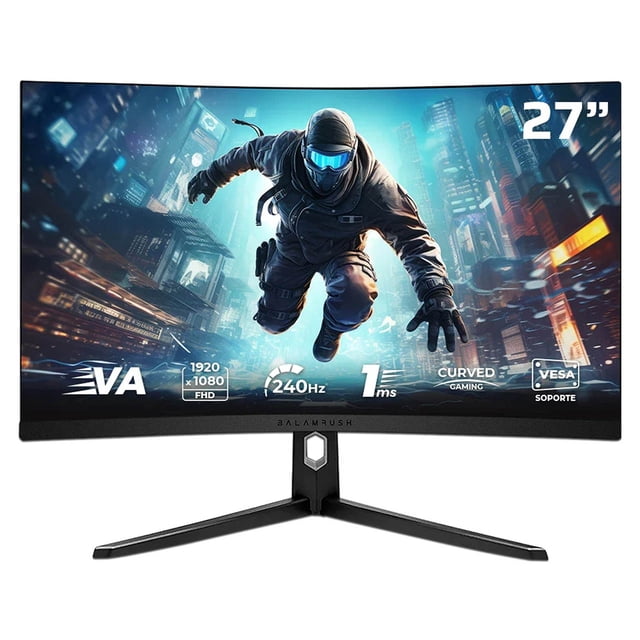 monitor gamer curvo balam rush ultra earth plus mgm27c led 27" Full HD 240Hz negro. Vista frontal centrada de pantalla curva VA de 27" con bisel inferior delgado, soporte tipo Y en negro y base de dos patas; imagen de videojuego en pantalla y marcas visibles de 1920x1080 FHD, 240Hz, 1 ms y G-Sync/FreeSync. Su tamaño compacto lo hace adecuado para escritorios de juego compactos.