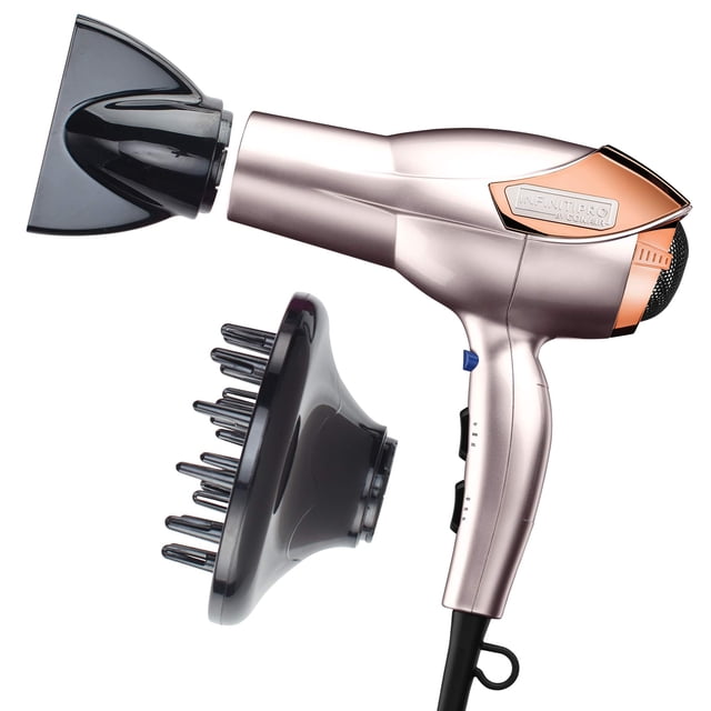 secador de pelo conair infinitipro volume shine 1875w rose gold secador de mano oro rosado con acabado cerámico, vista lateral 3/4 con boquilla concentradora montada y difusor separado; mango con botones de 3 niveles de calor y 2 velocidades, filtro trasero extraíble y cable en la base, adecuado también para realzar rizos y ondas con el difusor.