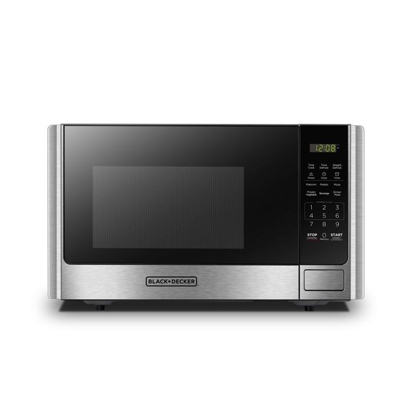 BLACK+DECKER - Horno de microondas digital con puerta giratoria con botón pulsador, cerradura de seguridad para niños, acero inoxidable, 0.9 pies cúbicos