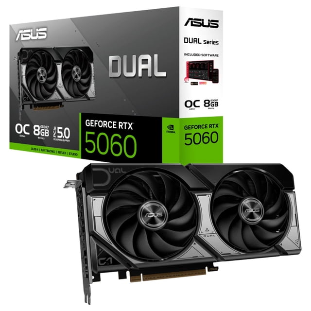 tarjeta de video asus dual geforce rtx 5060 8gb gddr7 oc edicion dual-rtx5060-o8g vista frontal centrada de la tarjeta gráfica negra con dos ventiladores Axial-tech, disipador en formato compacto de 2.5 ranuras y con conector PCIe en la base; caja ASUS con rótulo GeForce RTX 5060 al fondo; adecuada para gaming y tareas creativas intensivas y a menudo usada en estaciones de trabajo compactas.