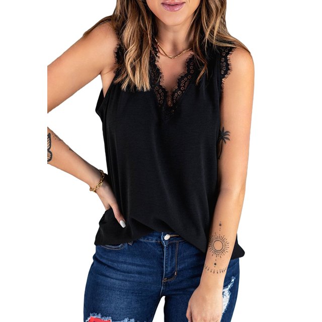 Top de Tirantes Holgado Sin Mangas con Cuello en V y Encaje de Pestañas de Verano, Color Negro, Talla XL