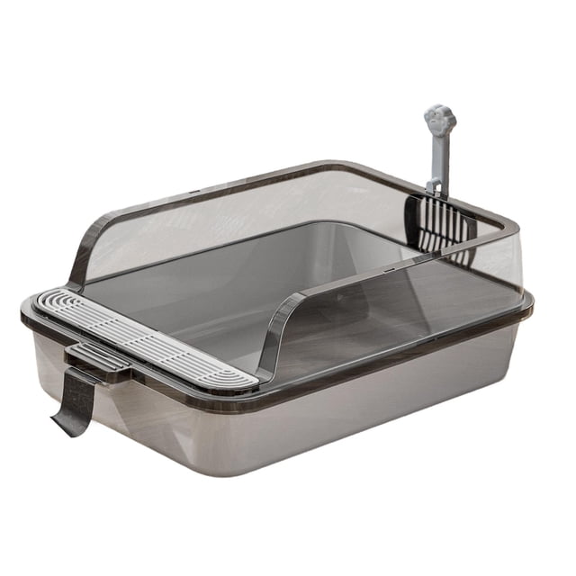 Amplia caja de arena para gatos con lados abiertos y altos, ideal para mascotas Gris