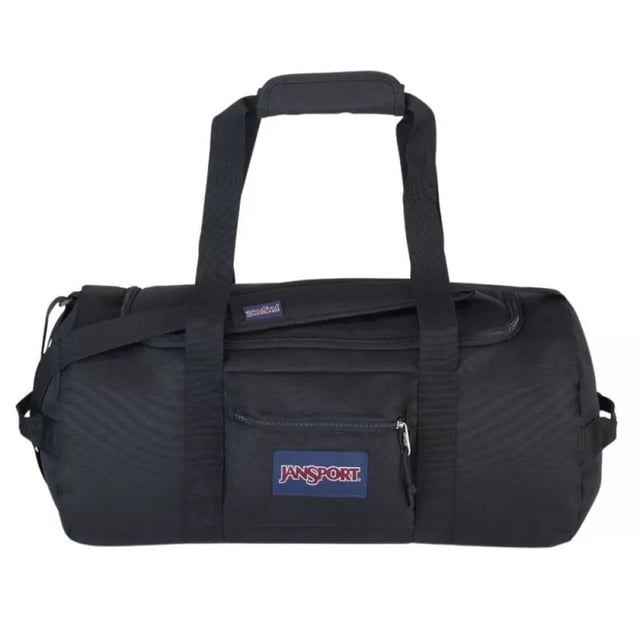 maleta deportiva jansport superbreak away duffel 40l negra, vista frontal centrada de bolso duffel cilíndrico negro con asas acolchadas superiores, correa ajustable para hombro, bolsillo frontal con cremallera y parche con logotipo JanSport, tejido liso y cierre superior de cremallera; a menudo se usa como bolsa deportiva para gimnasio o viajes cortos.