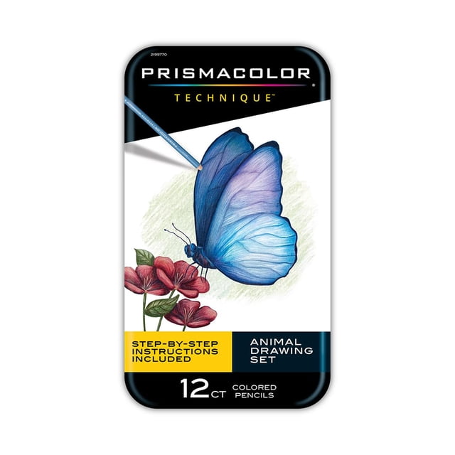 set de lápices de colores prismacolor technique para dibujar animales, 12 unidades estuche metálico frontal con ilustración de una mariposa azul sobre flores; la portada indica "step-by-step instructions included" y "animal drawing set", muestra el logotipo Prismacolor y marca 12 ct; colores surtidos y tutoriales incluidos, adecuado para practicar dibujo de animales.
