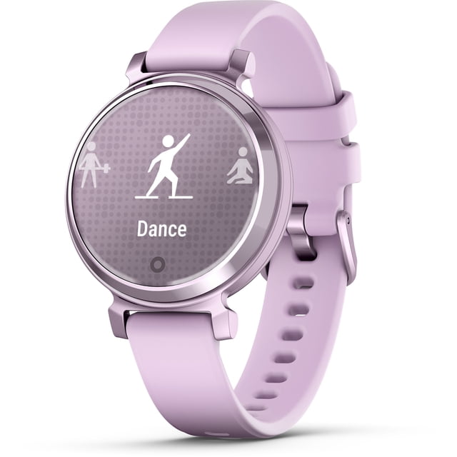 reloj garmin lily 2 lilac reloj inteligente morado, vista 3/4 frontal con esfera redonda de borde metálico lila que muestra la palabra "Dance" y iconos de baile; correa de silicón ajustable con hebilla sobre fondo blanco, adecuado para seguimiento de actividad y monitoreo básico del bienestar.