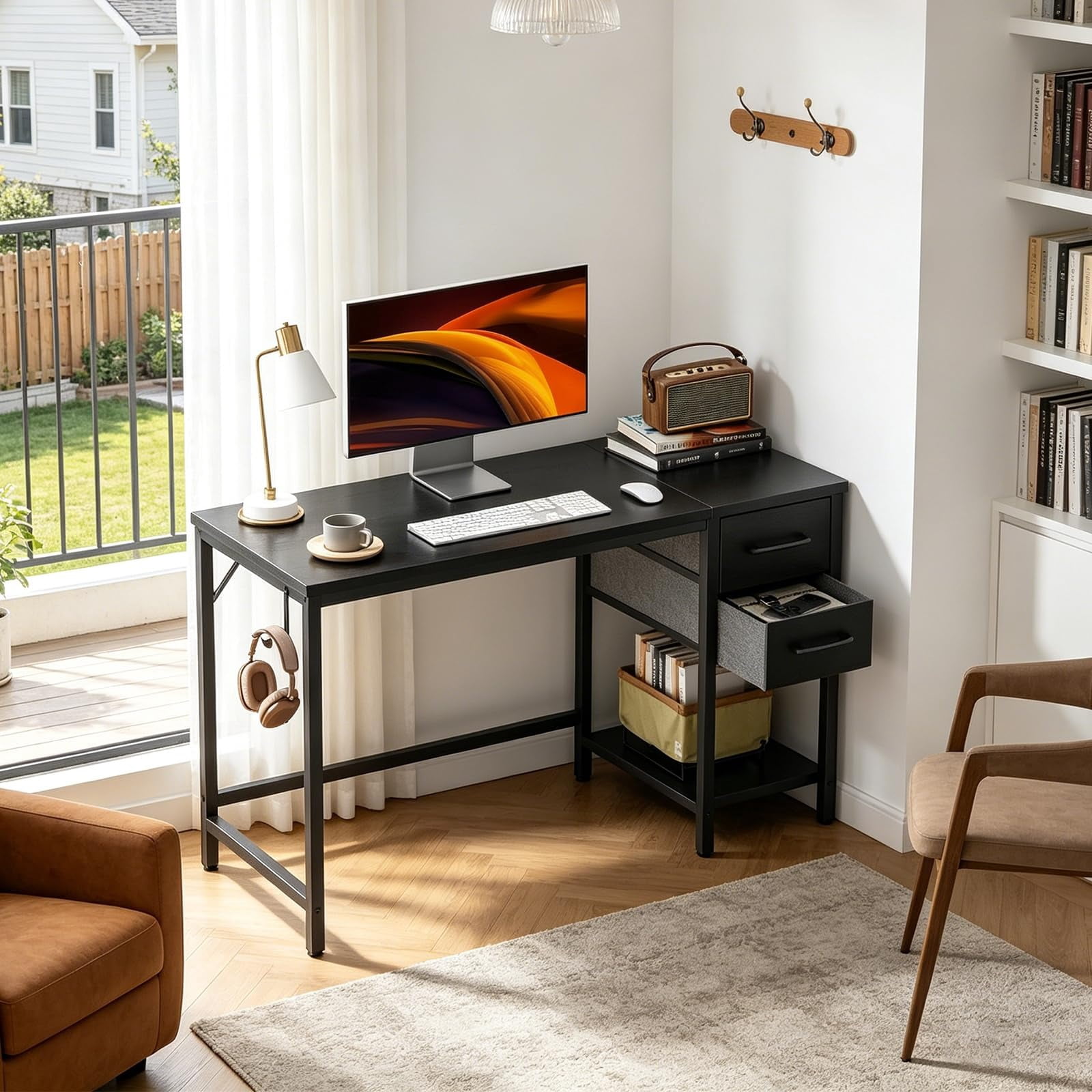 Escritorio Minimalista para Computadora con 2 Cajones y Estante de Almacenamiento, Mesa Home Office con Patas Reforzadas para Estudio, Trabajo y Gaming, Negro