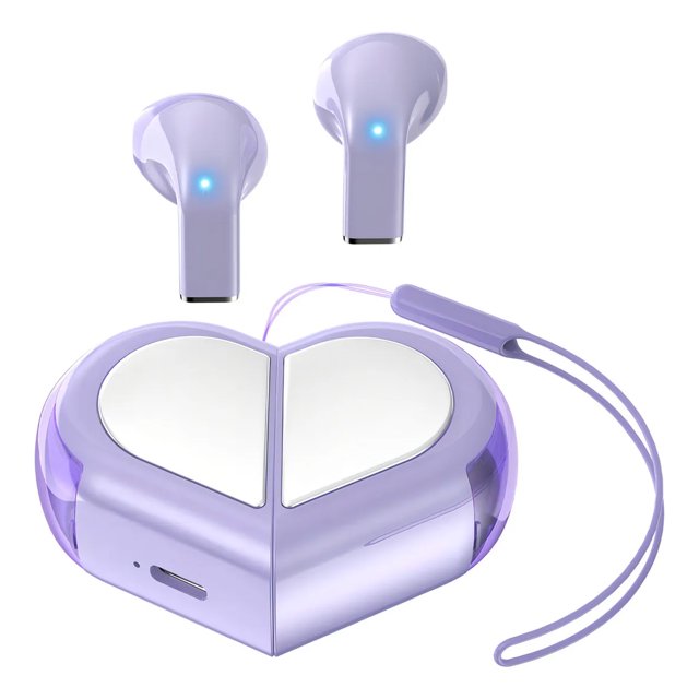 veatool k520 auriculares inalámbricos intrauditivos, bluetooth 5.3, diseño con cordón portátil, perfil doble en forma de corazón — estuche morado en forma de corazón con tapa blanca dividida en dos y cordón corto; par de auriculares intrauditivos morados con tallo y pequeños LED azules, vista frontal sobre fondo blanco; estuche multiforme que gira entre forma de corazón y barra, también adecuado como auriculares portátiles para viajes y llamadas manos libres.