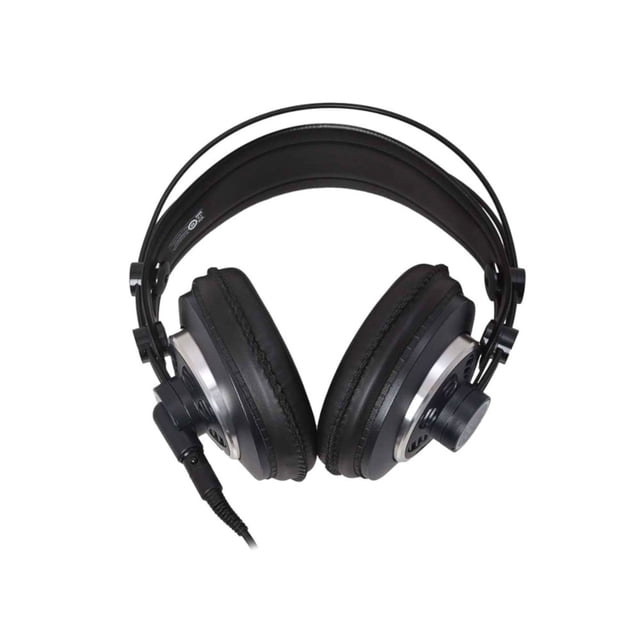 akg audífonos de estudio k240 mkii akg akg k240 mkii Auriculares de diadema semiabiertos negros, vista frontal centrada con copas ovaladas acolchadas, arnés doble de suspensión autoajustable, cápsulas con anillos plateados y cable de 3 o 5 m; transductores XXL de 30 mm y sensibilidad 104 dB, adecuados para uso en estudio y monitoreo.