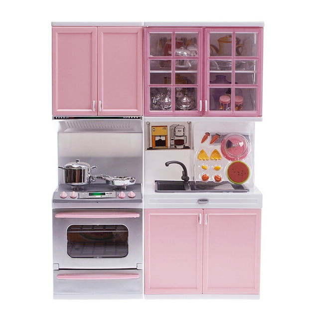 mini juego de juguetes de cocina moderna con luces y sonidos para rosado sunnimix modern kitchen toys Conjunto de cocina infantil rosado, vista frontal centrada; estufa con perillas y horno con puerta transparente, encimera blanca con fregadero y grifo negro, vitrinas superiores con platos visibles y puertas que se abren. Plástico brillante con detalles impresos, luces y sonidos integrados según especificación; requiere 2 pilas AAA (no incluidas). Suele usarse para juego simbólico y social entre niños.