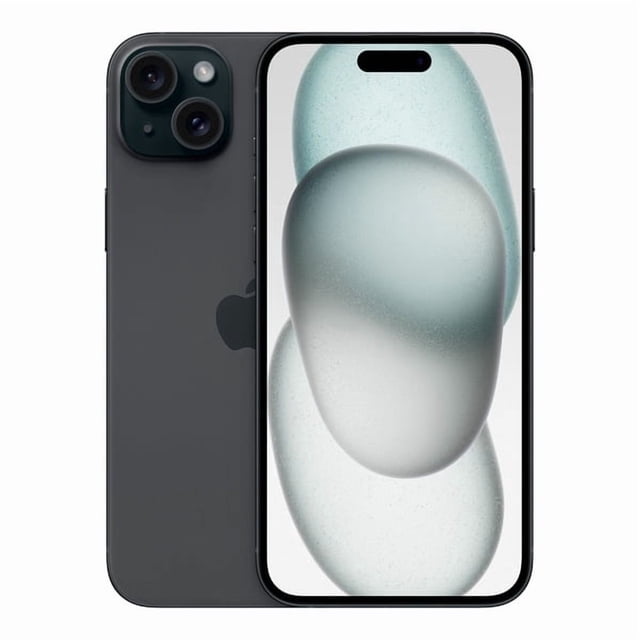 apple iphone 15 plus 256gb negro reacondicionado desbloqueado vista frontal y trasera centrada; pantalla activa con notch pill, módulo trasero con dos lentes, acabado negro mate y bordes planos, logo Apple visible; especificado como reacondicionado con 256GB y cámaras de alta calidad.