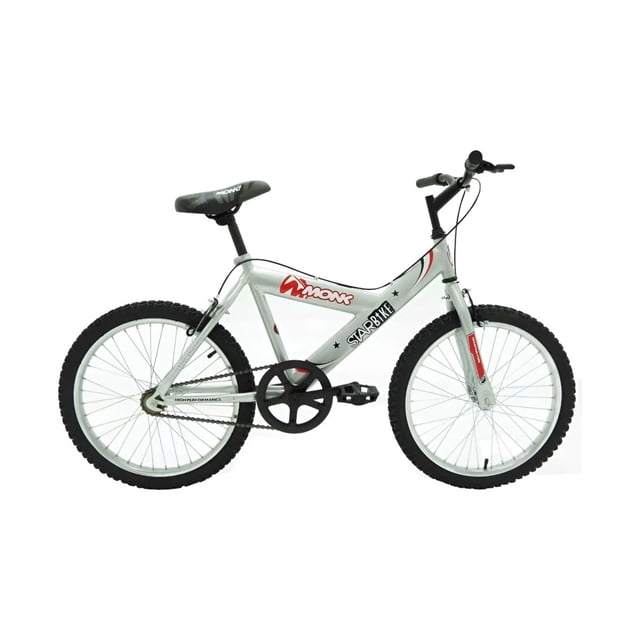 bicicleta de montaña monk starbike rodada 20 plata vista lateral centrada; bicicleta infantil todo terreno de cuadro plateado con logo Monk en el tubo superior, guardabarros integrados, asiento negro (puede variar), manubrio recto con puños negros, transmisión de una velocidad y llantas 20" con neumáticos de tacos; fondo blanco de estudio.