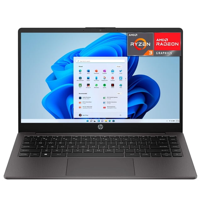 laptop hp 245 g10 amd ryzen 3 7330u 32gb 1tb ssd pantalla 14" teclado español — Vista frontal 3/4 de la laptop negra abierta con pantalla 14" HD mostrando Windows, teclado chiclet en español y trackpad centrado; carcasa con textura mate y logo HP en el marco inferior; etiquetas AMD Ryzen y Radeon visibles en la pantalla. También adecuada como equipo portátil para trabajo remoto y almacenamiento de archivos grandes.
