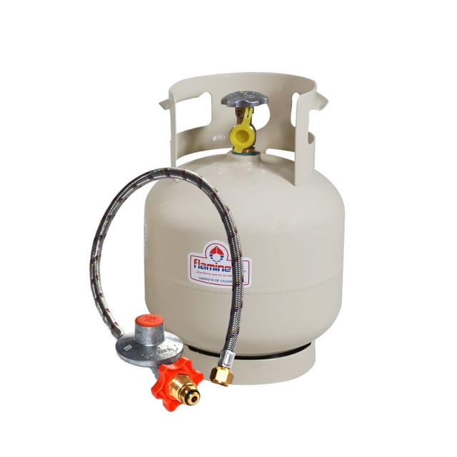 cilindro 4kg – kit compacto multiusos + manguera 2mts Entregado vacío, cilindro portátil Flamineta color beige de 4 kg con protector superior y válvula INGUSA de cierre hermético, regulador de baja presión con maneral y manguera reforzada de 2 m lista para instalar; adecuado para parrillas, estufas portátiles y food trucks.