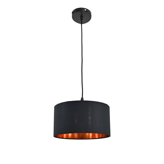 lampara decorativa colgante negra lámpara colgante LED de pantalla cilíndrica de tela negra con interior cobre; vista frontal centrada, suspendida por cable desde base de techo redonda, para comedor o sala. Suele usarse también como luz focal decorativa sobre mesas pequeñas.