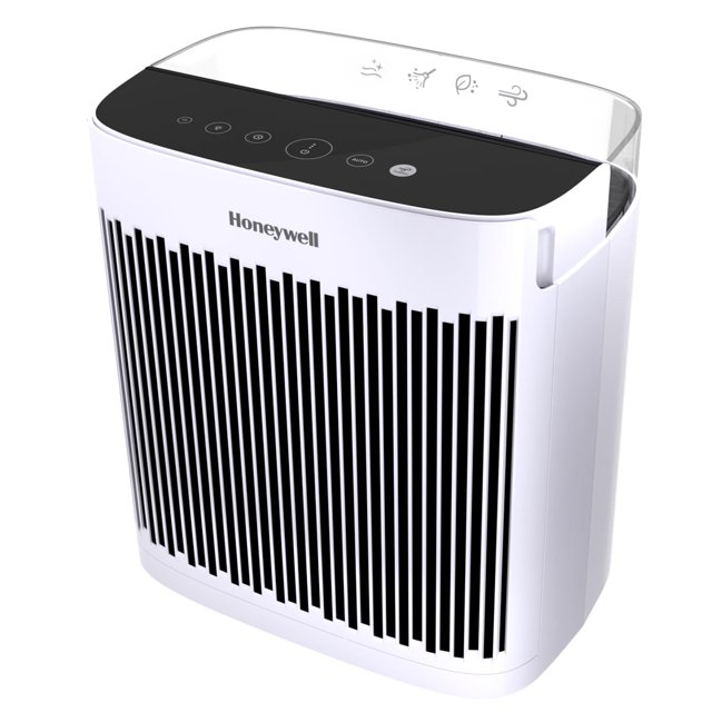 purificador de aire honeywell insight hepa para habitaciones medianas y grandes Blanco purificador de aire HEPA InSight con panel táctil negro en la parte superior, rejilla frontal vertical, mango integrado en el lateral y logo Honeywell; recomendado para 190 pies cuadrados, muestra indicadores de calidad del aire y modos de limpieza.