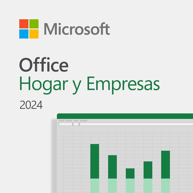 licencia perpetua office microsoft home and business 2024 1 dispositivo incluye word, excel, powerpoint y outlook (caja) Caja frontal con logotipo Microsoft y texto 'Office Hogar y Empresas 2024', esquina de una ventana de Excel con gráfico de barras verdes; descargable y compatible con Windows 11, Windows 10 y macOS.