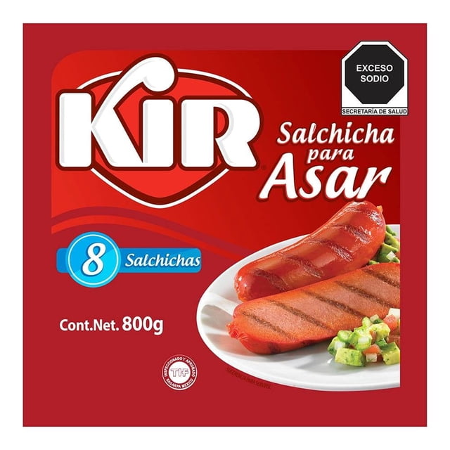 salchicha para asar kir 800 g Paquete rojo de 800 g de la marca KIR con indicación de 8 salchichas; vista frontal con logo grande, sello 'Cont. Net. 800g' y fotografía de dos salchichas asadas con marcas de parrilla sobre un plato y guarnición, adecuada para guisos o bocadillos.