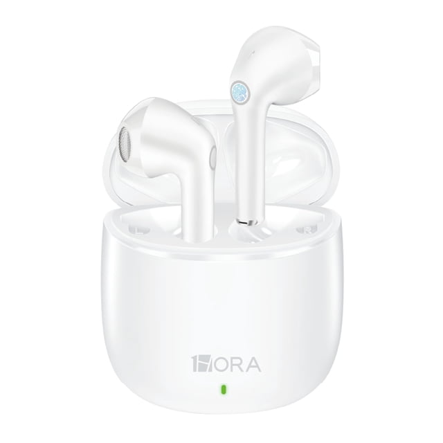1 hora wireless earbuds bluetooth 5.3 headphones deep bass in-ear earphones premium sound with mic charging case for iphone, tablet, android smartphone laptop sports — Auriculares 1 Hora en estuche de carga blanco, vista frontal con tapas abiertas que muestra dos auriculares in ear con vástago largo; rejilla de altavoz y micrófono visibles, acabado liso brillante, logo 1Hora y luz LED en el estuche. Emparejamiento Bluetooth 5.3, control táctil y diseño para deporte y llamadas.