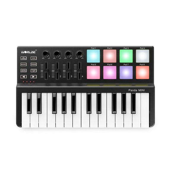 Controlador MIDI WORLDE Panda MINI Controlador de teclado MIDI USB ultraportátil de 25 teclas 8 almohadillas de disparo retroiluminadas coloridas