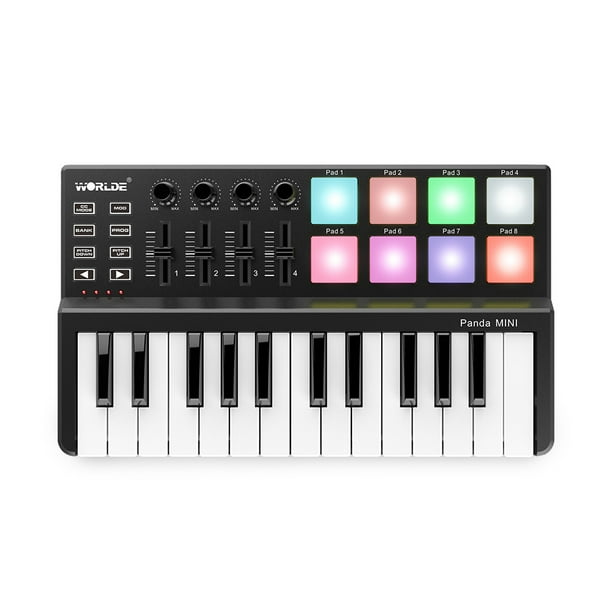 Controlador MIDI WORLDE Panda MINI Controlador de teclado MIDI USB ultraportátil de 25 teclas 8 almohadillas de disparo retroiluminadas coloridas
