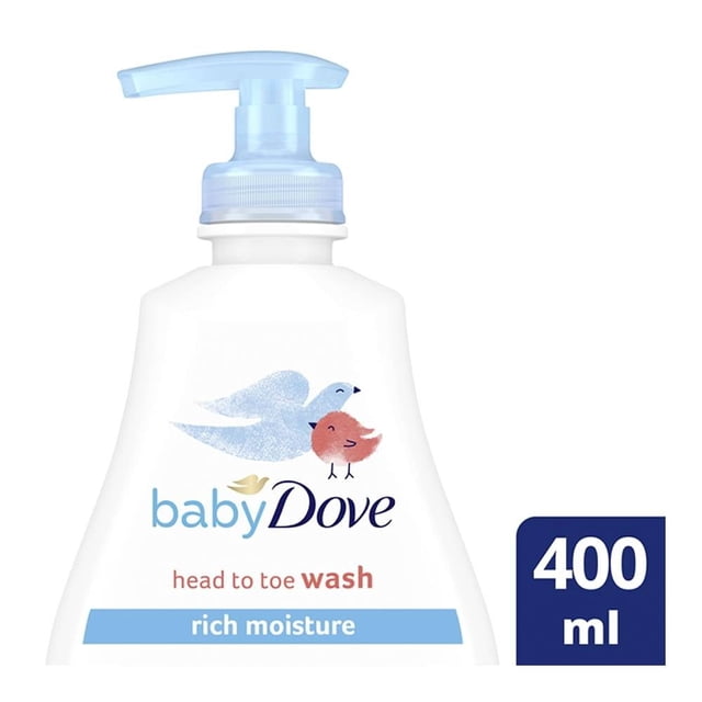 jabón líquido corporal baby dove rich moisture piel sensible 400 ml, botella blanca frontal con dosificador azul, logotipo Baby Dove y dibujo de dos aves, etiqueta 'head to toe wash' y franja azul 'rich moisture', ideal para el cuidado de la piel sensible del bebé.