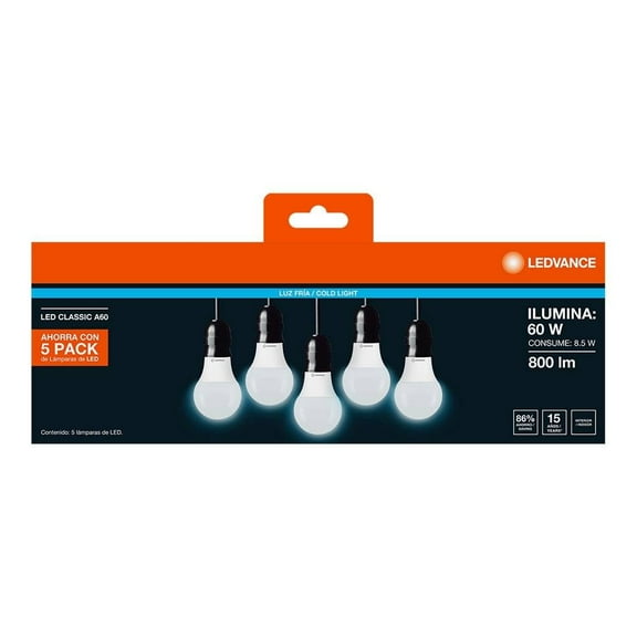 Paquete de Lámparas Ledvance 5pack de focos LED Eco A100 8.5w 865 G10 MK luz fría