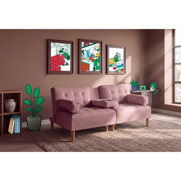 Sofá Cama de Lino Palo de Rosa Modelo Queen Makora Con Portavasos