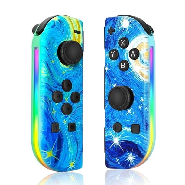 Controladores Joypad (Izq./Der.) compatibles con Switch, Lite y OLED; admiten iluminación RGB, control por movimiento y doble vibración (diseño Cielo Estrellado).