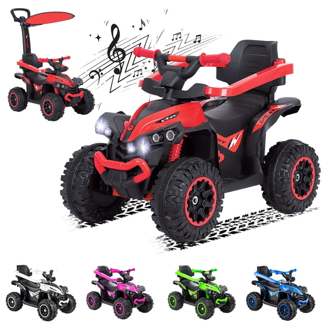 carro eléctrico con bastón montable mini infantil con luz rojo SELECTSHOP, vista 3/4 frontal de cuatrimoto infantil con asiento negro y detalles rojos; ruedas de plástico con dibujo de taco, parachoques delantero y faros LED encendidos; manubrio con empuñaduras rojas y bastón guía desmontable con toldo solar; panel frontal con botones visibles, puerto USB, iconos de música y Bluetooth que indican reproductor integrado. Adecuado para paseos supervisados; dispone de sistema eléctrico y manual y incluye cargador.