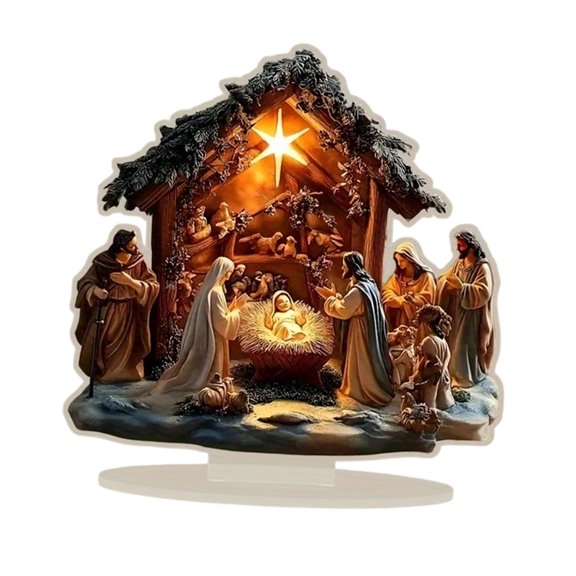 Adorno de escritorio con escena del nacimiento de Jesús en 2D. Decoración creativa de acrílico con escena del nacimiento. Letrero navideño de
