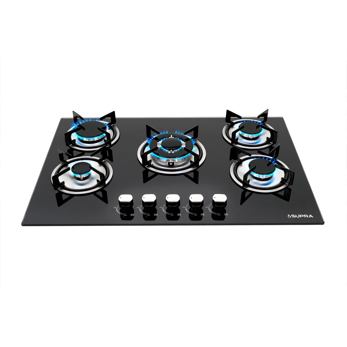 Parrilla BRIONI SUPRA para gas 5 quemadores cristal templado negro 76 cm