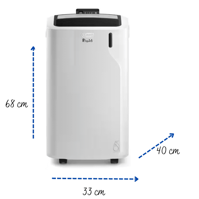 aire acondicionado 4 en 1 (calentador,ventilador,humidificador,circulador de aire) Blanco De'Longhi, vista frontal centrada de unidad portátil rectangular con rejilla de salida superior negra, panel de control en la parte superior, ruedas inferiores y marcas de dimensiones 68 cm x 33 cm x 40 cm; diseño para enfriar, calentar, humidificar y circular aire en interiores, a menudo usado también como climatizador portátil para habitaciones pequeñas.
