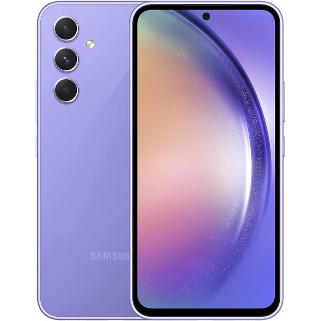 samsung galaxy a54 5g 6gb ram 128gb impresionante violeta reacondicionado Reacondicionado, vista frontal centrada del Galaxy A54 5G en color violeta con pantalla FHD+ Infinity-O de 6.4" y cámara frontal perforada; respaldo con acabado de cristal, arreglo vertical de tres lentes y flash LED, botones laterales visibles, pantalla hasta 120 Hz, OIS ampliado y batería de 5,000 mAh. A menudo usado también como teléfono secundario para viajes por su almacenamiento de 128GB.