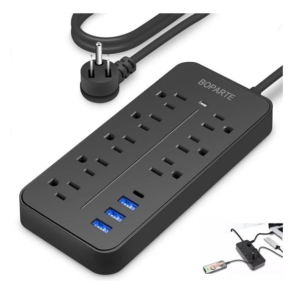 Boparte EL08 Multicontacto de 8 tomas con usb color negro largo del cable de 1.2m 10A