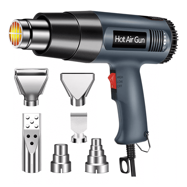 pistola de calor de 2000w temperatura regulable 4 boquillas, vista en 3/4 de pistola azul gris con selector rojo (High/Low/Off) y etiqueta "Hot Air Gun"; boquilla metálica frontal, set de cuatro boquillas planas y cónicas y tres adaptadores redondos apilables, cable de 1,65 m (5,28 pies) con gancho para colgar; también adecuada para moldeado y decapado en proyectos de bricolaje.