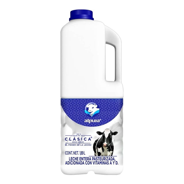 leche alpura clásica entera 1.89 l Envase blanco de 1.89 L con asa y tapa azul, etiqueta azul con logo Alpura y foto de vaca; texto legible: leche entera pasteurizada adicionada con vitaminas A y D, fuente de calcio y proteína; adecuada para consumo familiar y uso en recetas caseras.