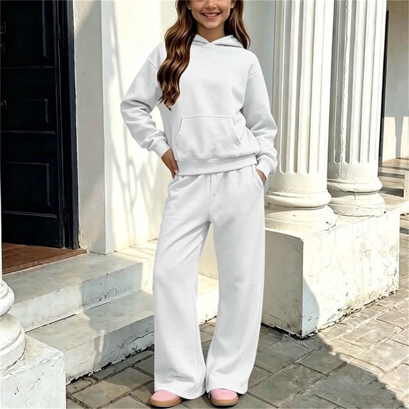 Conjunto sudadera capucha felpa y pantalón pierna ancha niño/niña, chándal 2 piezas liso, mangas largas, bolsillos, 11 colores, tallas 5-14 años.