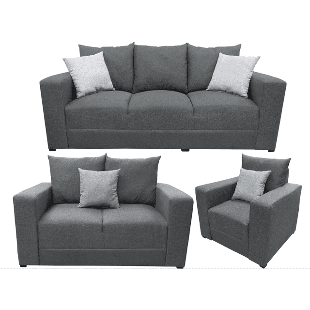 sala modular 3-2-1 el bazar store miami gris oxford, sofa, love seat y sillon — Composición frontal con tres piezas: sofá 3 plazas (200 cm), love seat 2 plazas (145 cm) y sillón individual (90 cm); tapizado en tela lino nacional color gris oxford, cojines de respaldo sueltos y cuatro cojines decorativos incluidos (color puede variar); brazos cuadrados, acolchonamiento en espuma de alta densidad, profundidad 80 cm y altura 80 cm. También suele considerarse adecuada para áreas de sala de TV o salas pequeñas por su tamaño compacto.