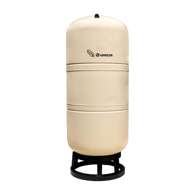 tanque presurizado aquavarem, 280 l, 150 psi, iusa — vista frontal centrada de tanque vertical beige de 280 L con base negra circular; cuerpo cilíndrico con dos nervaduras horizontales, válvula superior y logotipo IUSA VAREM visibles; especificado para 150 PSI y conexión de acero inoxidable de 1"; a menudo se usa también para acumulación de agua en pequeñas instalaciones.