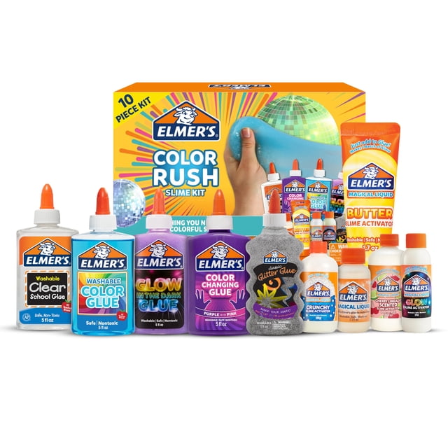 kit slime Elmer's Color Rush con pegamento líquido y activador x10 multicolor, caja y 10 frascos visibles: pegamento transparente lavable (5 oz), pegamento colorante lavable (5 oz), pegamento que brilla en la oscuridad (5 oz), pegamento que cambia de color morado a rosa (5 oz), pegamento translúcido azul (5 oz), pegamento con purpurina plata (6 oz); activadores líquidos: regular (2.3 oz), crujiente (1.81 oz), mantequilla (1.7 oz) y que brilla en la oscuridad/aromático (2.22 oz). Etiquetas legibles, fondo blanco y mano estirando slime azul; también usado para manualidades y actividades sensoriales.